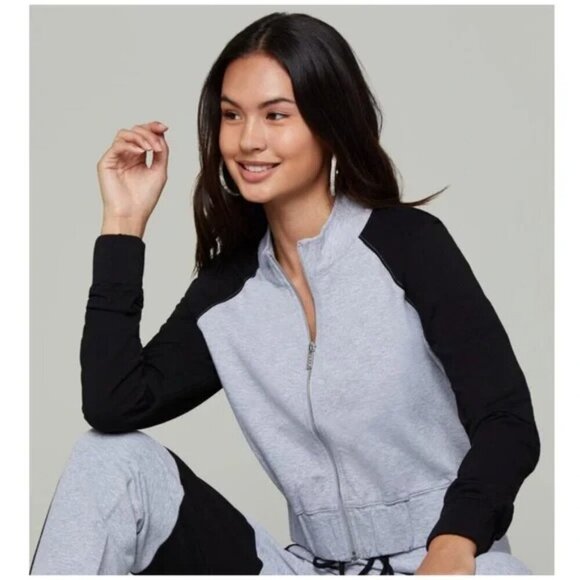 bebe Black Grey Colorblocked Crop Jacket - Picture 1 of 16